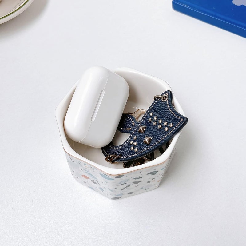 LEAZUL Ceramic Paper Clip Holder Gold Line Paper Clip Dispenser Organizer for Desk Cute Terrazzo Marble Pattern Office Binder Clip Holder Bobby Pin and Hair Clip Holder Gift for Office Blue - Image 4